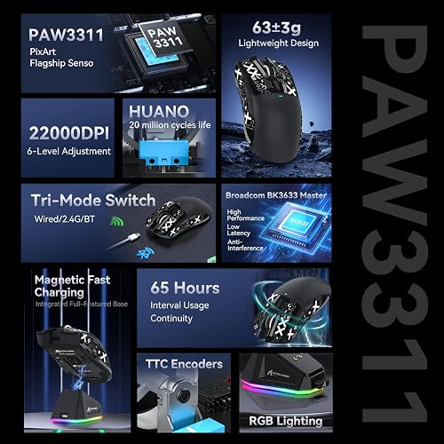 ATTACK SHARK X11 Gaming Mouse with Magnetic Charging Dock, PixArt PAW3311 Gaming Sensor, BT/2.4G Wireless/Wired Gaming Mouse with Mouse Grip Tape, 22000 DPI, Gamer Mice for Win11/Xbox/PS/Mac (Black) - 3