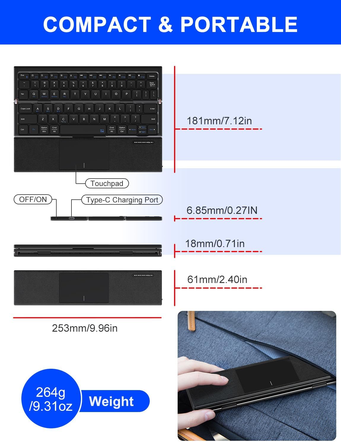 Foldable Bluetooth Keyboard with Touchpad - Tri-Folding Keyboard with Large Trackpad, Portable Full Size Travel Bluetooth5.1 Key-board Sync Up to 3 Devices for iPad iPhone Surface Pro Laptop PC Tablet