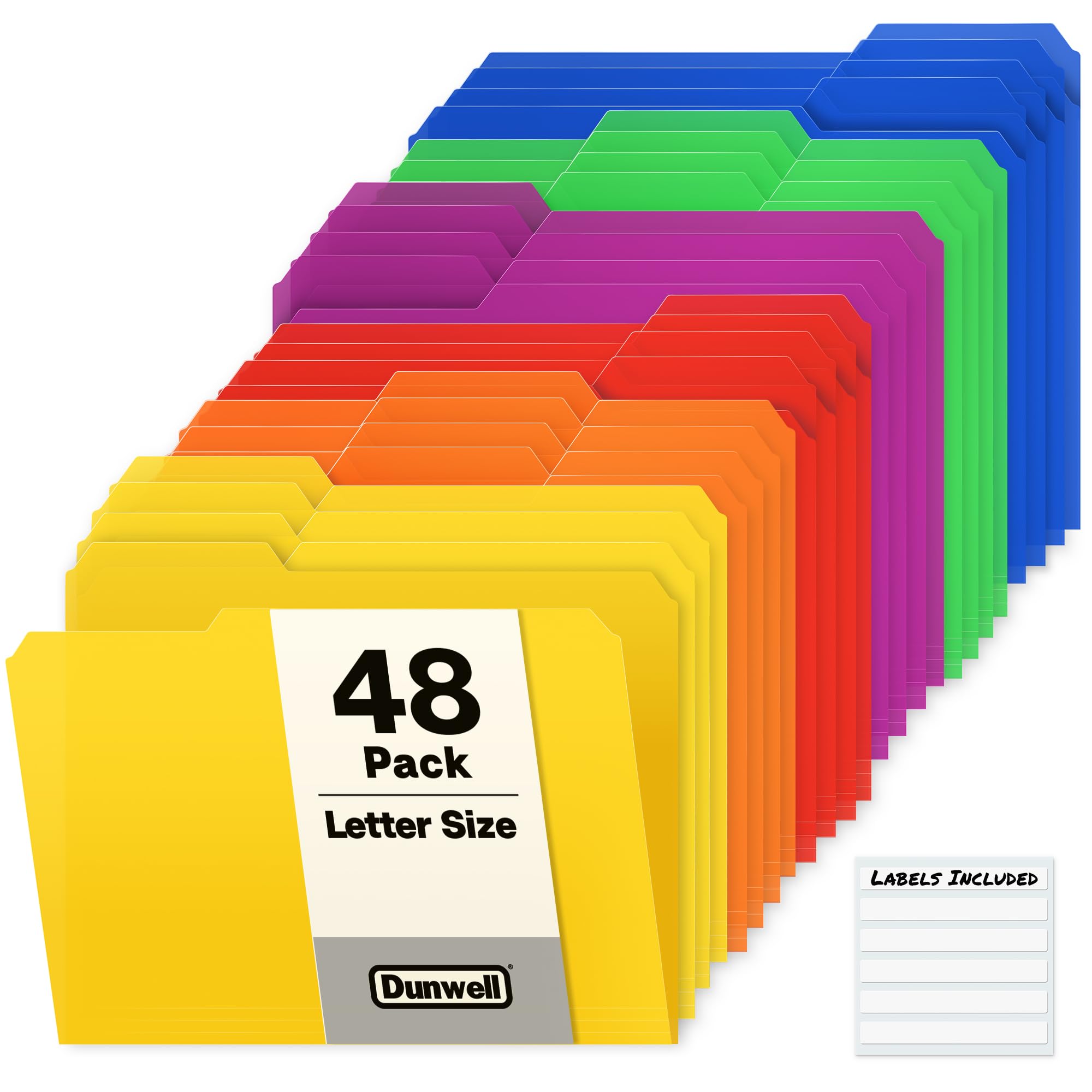Dunwell Plastic Colored File Folders (48 Pack), 1/3 Tab Filing Folders for 8.5x11 Letter Size Documents, Assorted Colors, Acid-Free Poly, Includes Labels