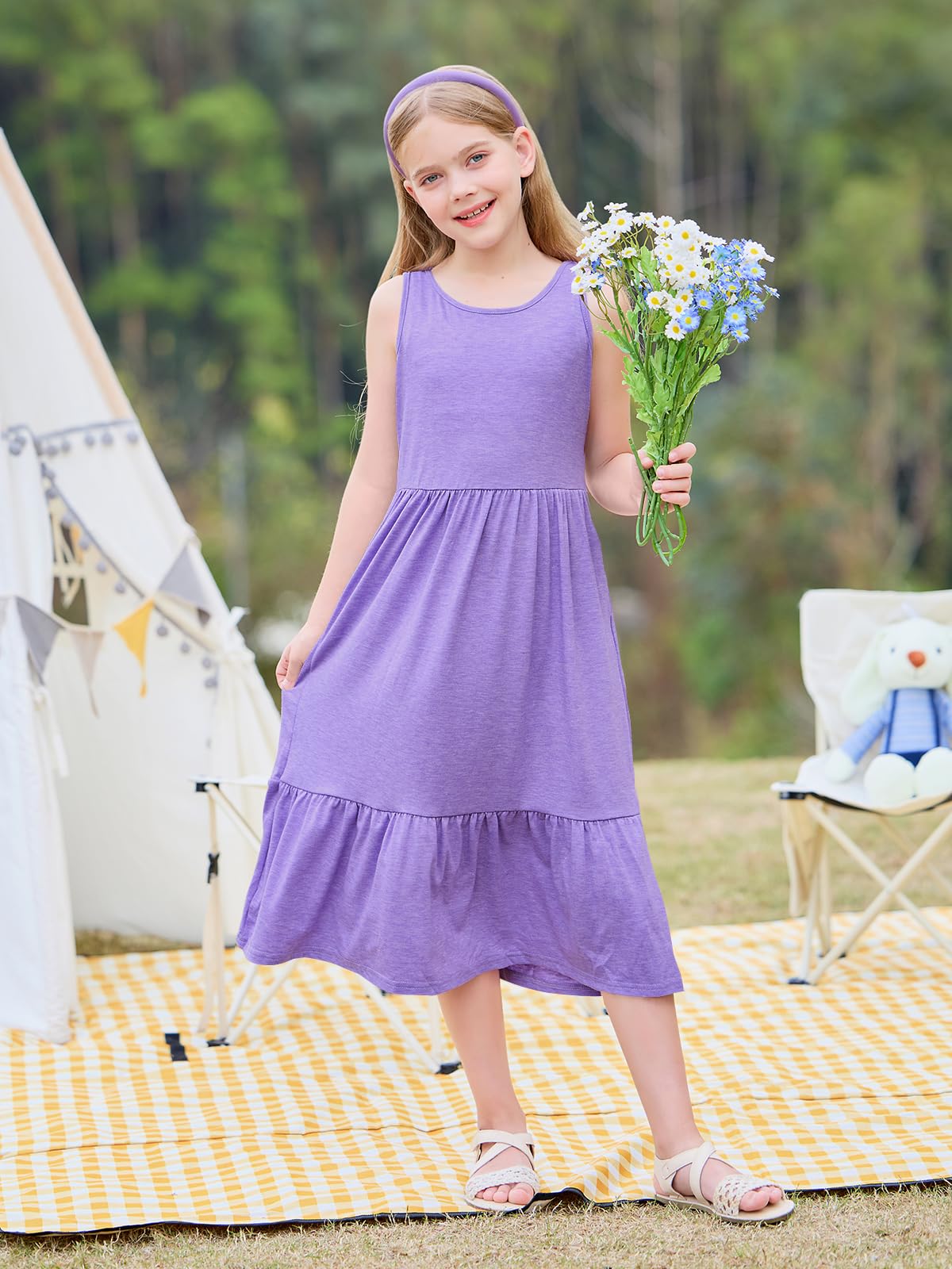 Vestidos de niña de verano sin mangas cuello redondo tirantes casual largo