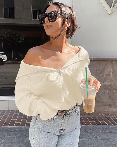 Miniatura 5 de BTFBM Suéteres para mujer con cremallera de un cuarto, cuello en V, manga larga, punto acanalado, suelto, casual, suéter de invierno y otoño 2025