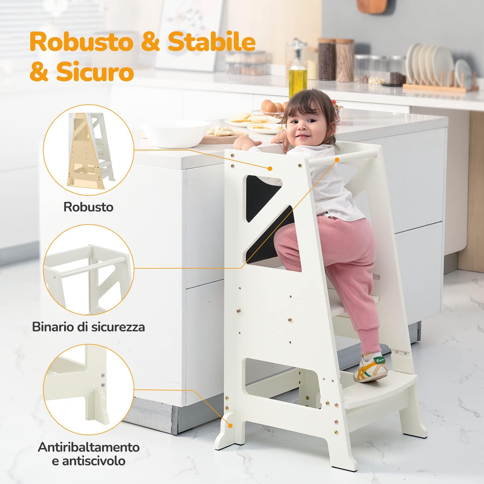 Dripex Torre di Apprendimento per Bambini, Torre Montessoriana in Legno, Learning Tower con Lavagna Magnetica Bifacciale, Regolabile, Sicurezza, Realizzato in legno di alta qualità (Bianco - Classico)