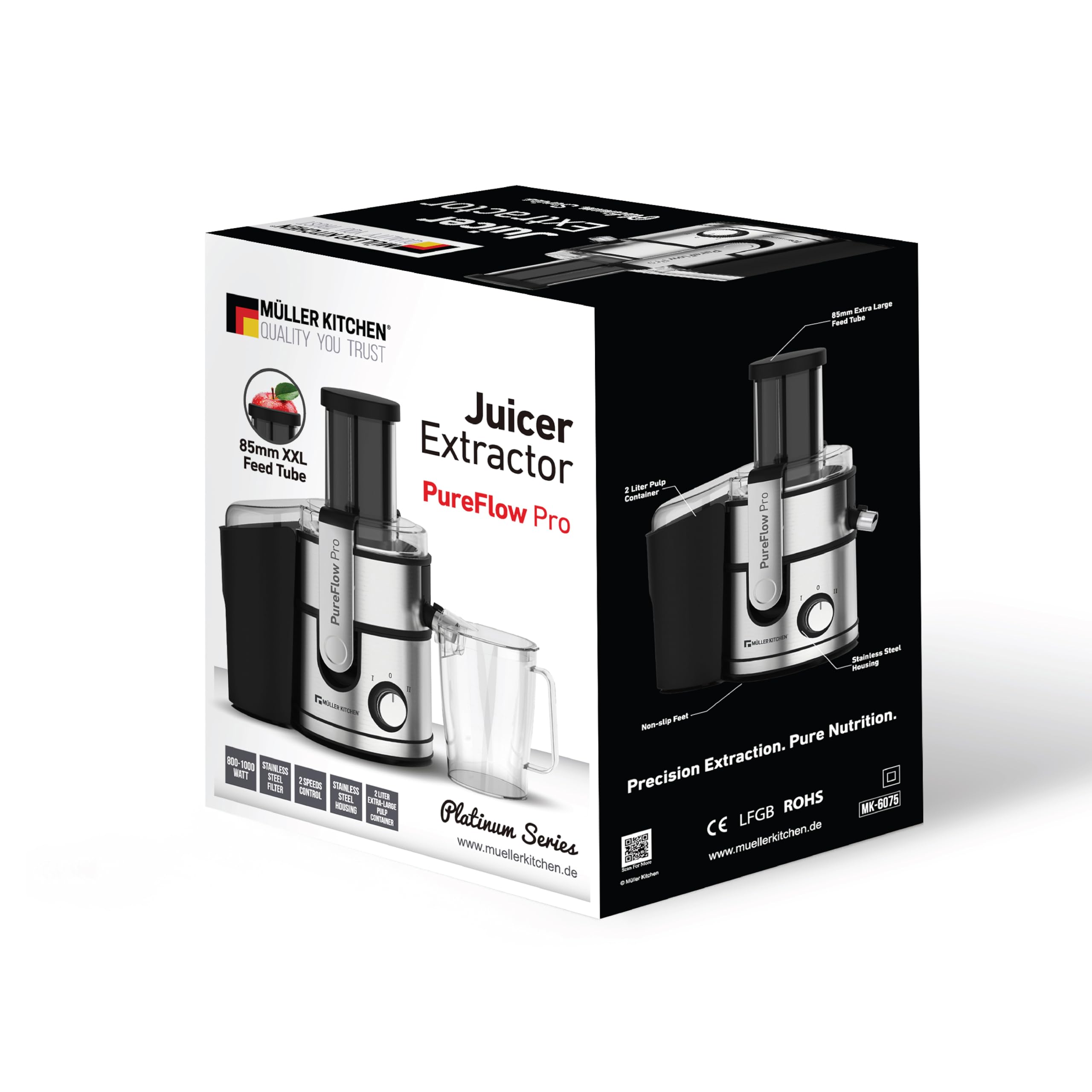 Muller Kitchen MK-6075 Licuadora para verduras y frutas (INOX, Tubo de alimentación extra grande, 2 velocidades, pies de goma antideslizantes)