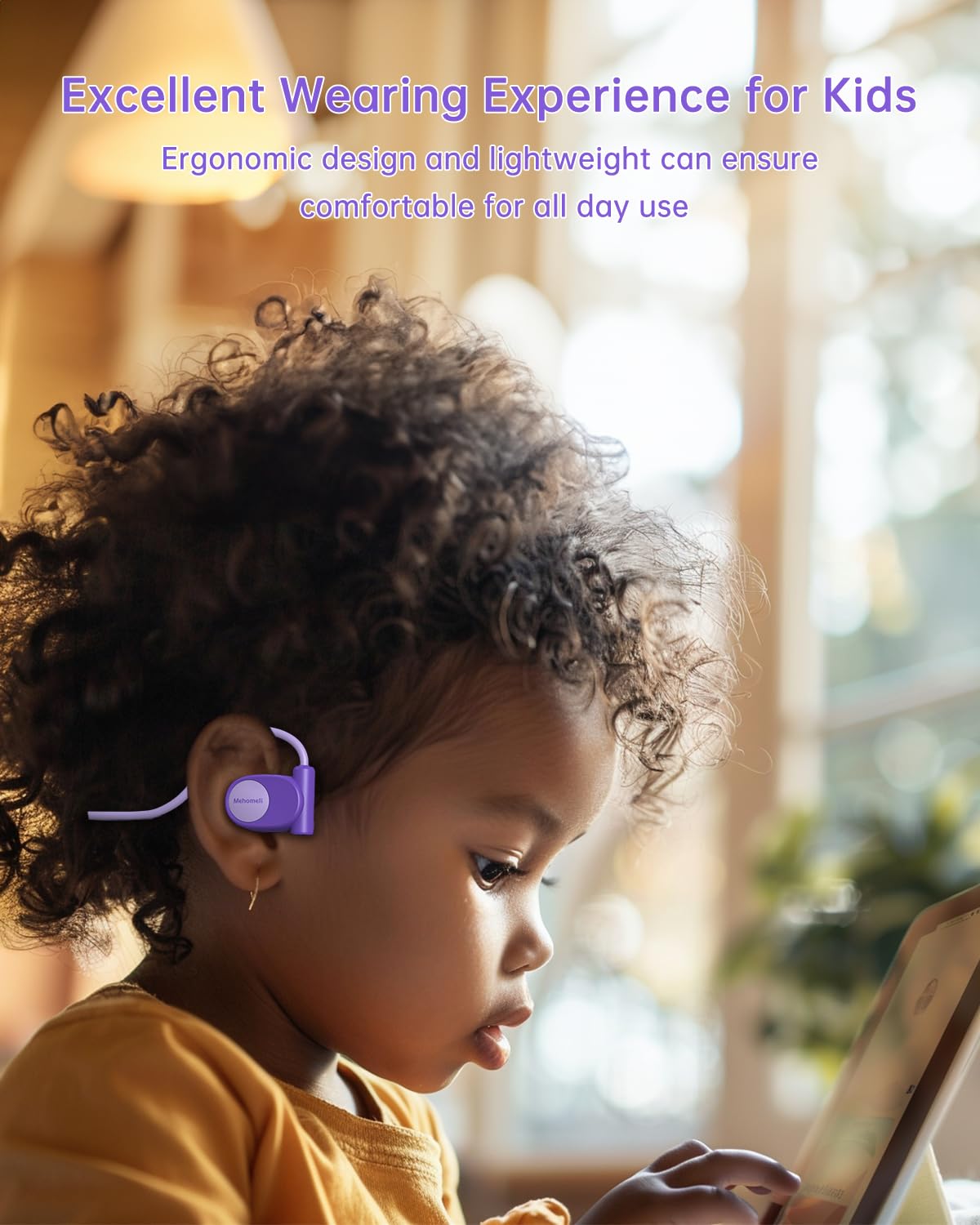 Mehomeli Cuffie per bambini per scuola, cuffie a conduzione d'aria, jack da 3,5 mm, cavo cablato, ultra confortevoli, design ergonomico e leggero, perfette per scuola e attività all'aperto, viola