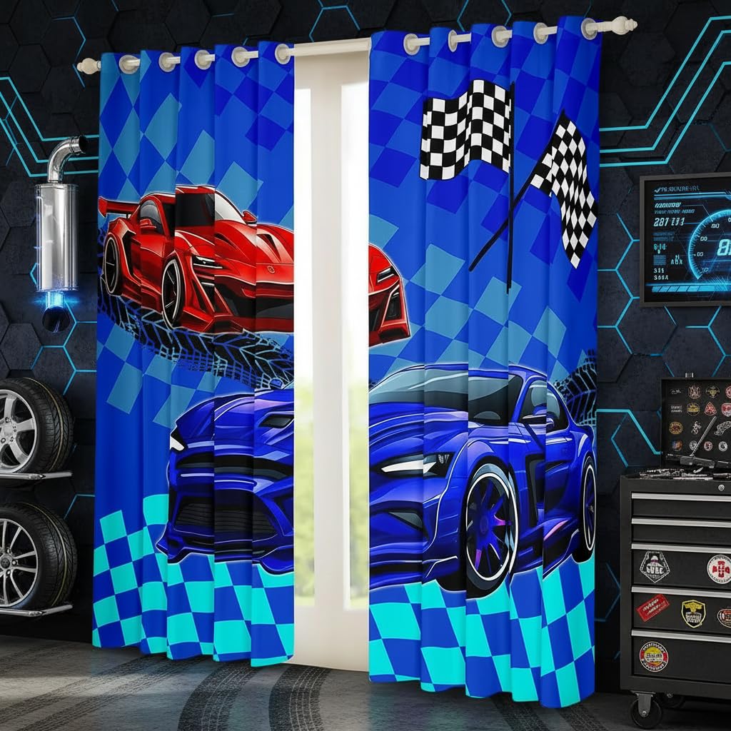 Sport Auto Kinder Fenster Vorhänge, Red Navy Racing Auto Speed Race Fenster Behandlungen, Blau Karierte Kunst Fenster Vorhänge für Home Decor, 2 Panels, L Größe,Guter Schattierungseffekt