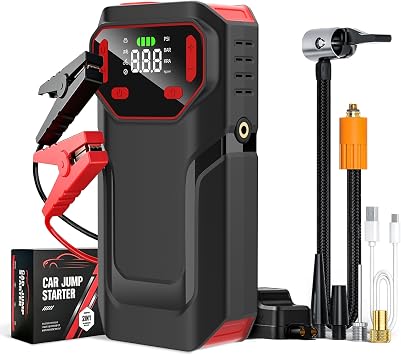 MT21 Jump Starter with Air Compressor,12V Battery Booster Pack10L Gas/8L Diesel with 5000ASpark-Proof & Reverse Polarity Protected,150PSI Portable Jump Box & Tire Inflator with LED Light