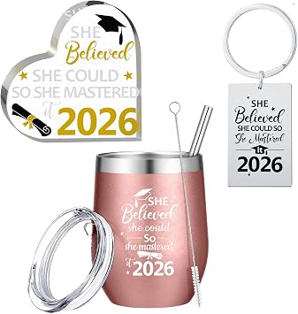 Gerrii 3 Pcs Masters Graduation Gift Set She Believed She Could So Mastered It 2026 Insulated Tumbler 12 oz Acrylic Heart Decor Keychain Graduation Master Degree Christmas Gift for WomenMaster