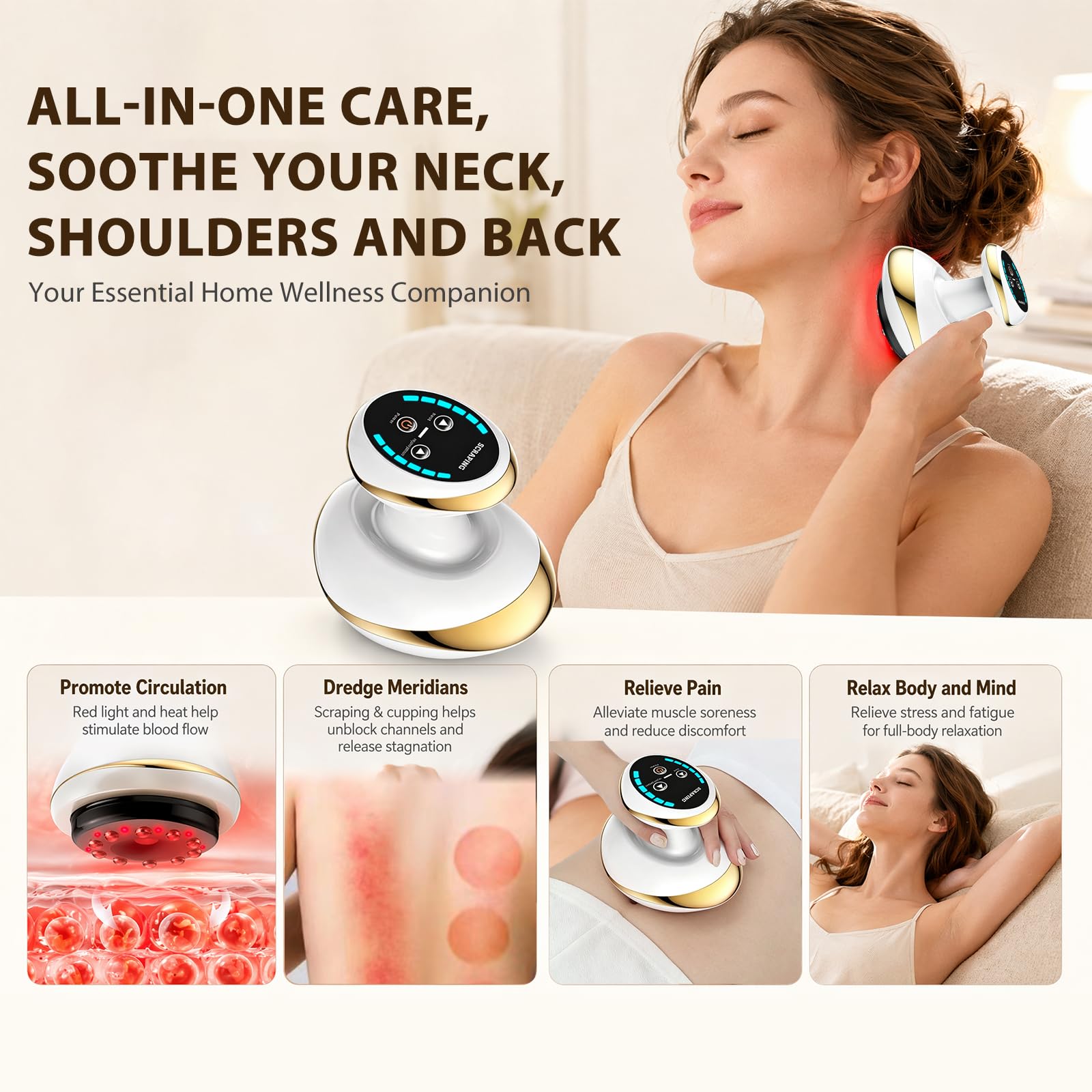 Gua Sha - Masajeador eléctrico 4 en 1 con función de calor, 6 niveles de vacío, dispositivo anticelulitis, masajeador de mano inalámbrico para promover la circulación sanguínea para espalda y cuerpo