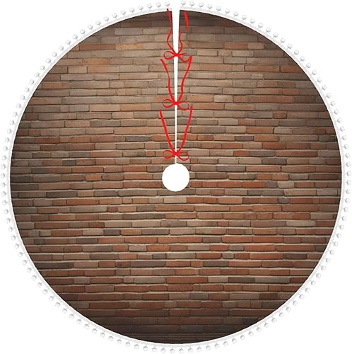 Merry Christmas Tree Skirt,Xmas Tree Skirt with Pom Pom Trim 30 Inch for Indoor Outdoor Decor,Industrial Brick Wall Background Pattern