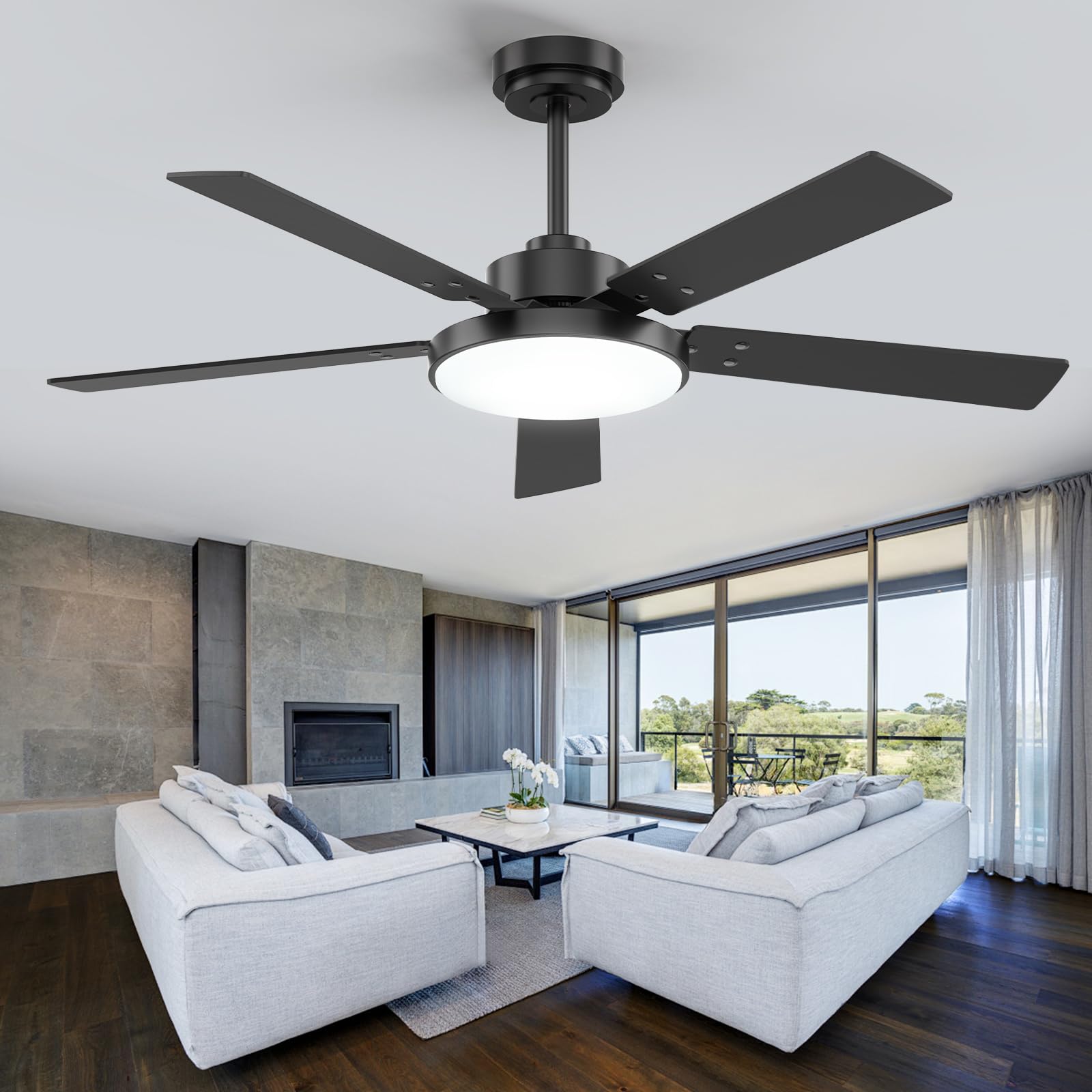 52 inch Black Ceiling fan with Light and Remote/APP, Ceiling Fans with Lights, 3CCT, Reversible 6 Speeds Quiet, Black Modern Ceiling Fan with Light for Indoor Outdoor Bedroom Patio Living Room