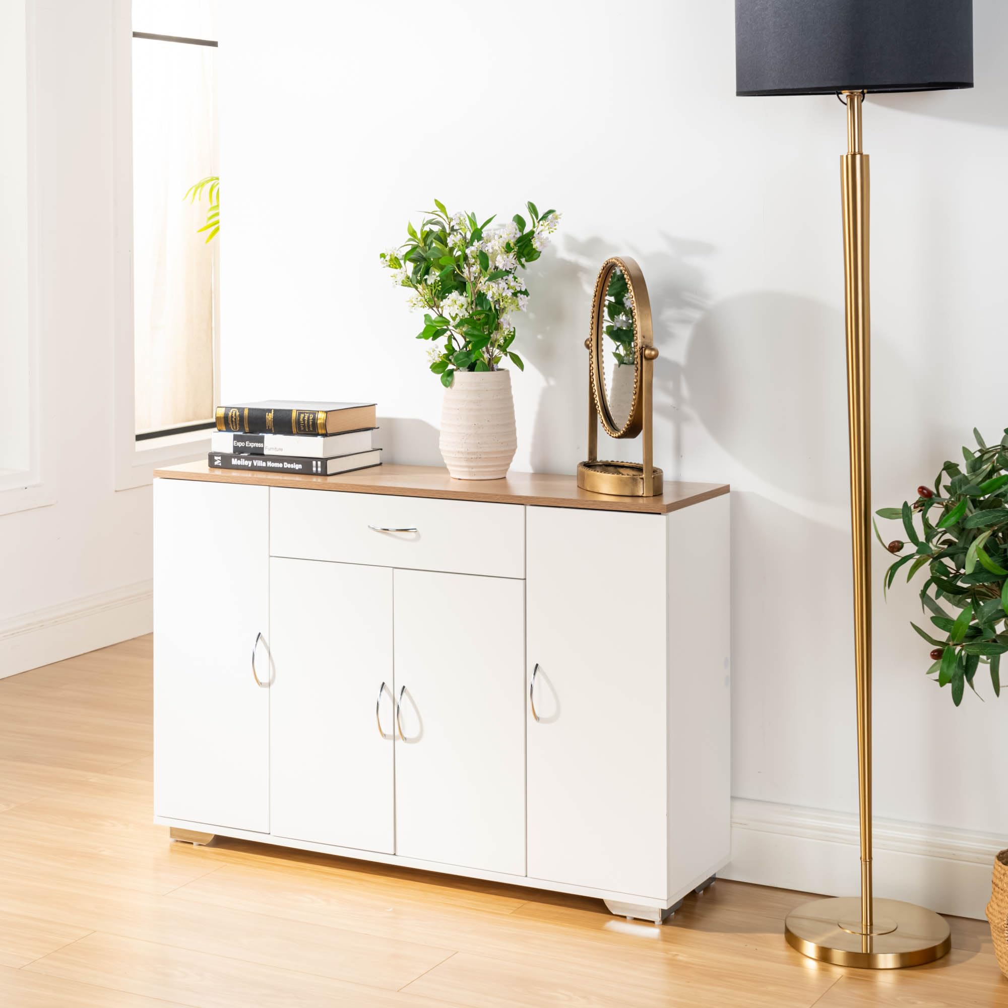 FurnitureR Meuble de Cuisine à Poser, Plateau MDF, 4 Portes 1 Tiroir, Étagères Ajustables, Buffet Rangement Blanc Lin pour Salon, Restaurant, Salle à Manger, Style Scandinave, 110 x 30 x 70cm