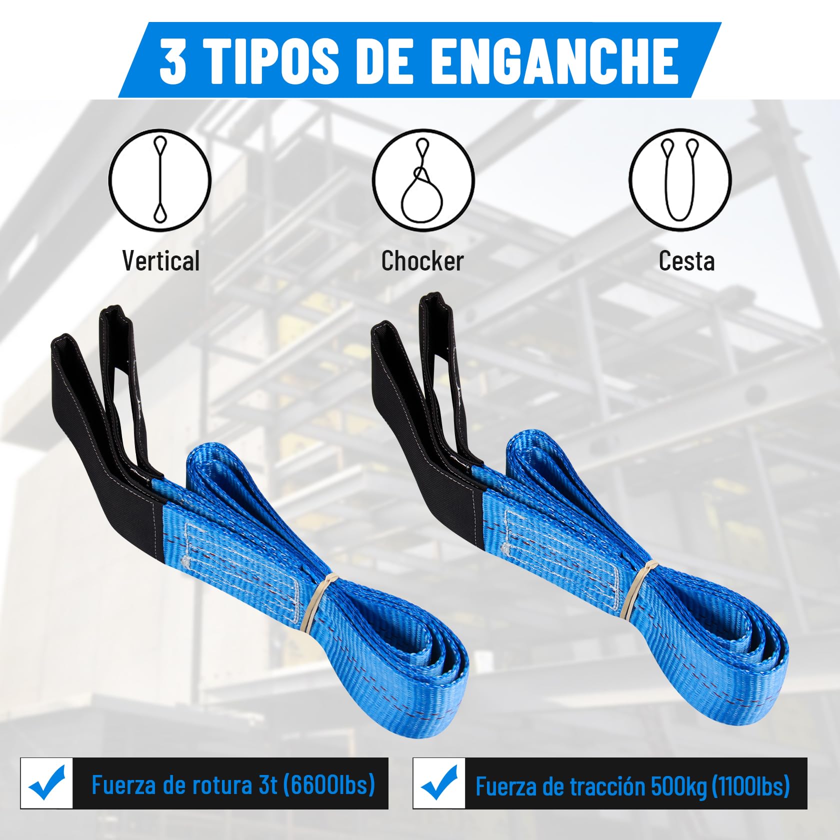 Eslinga Plana Doble Pindex 2 1.8 m 1000 kg, Eslinga de Elevación para Cabrestante, Grúa, Azul