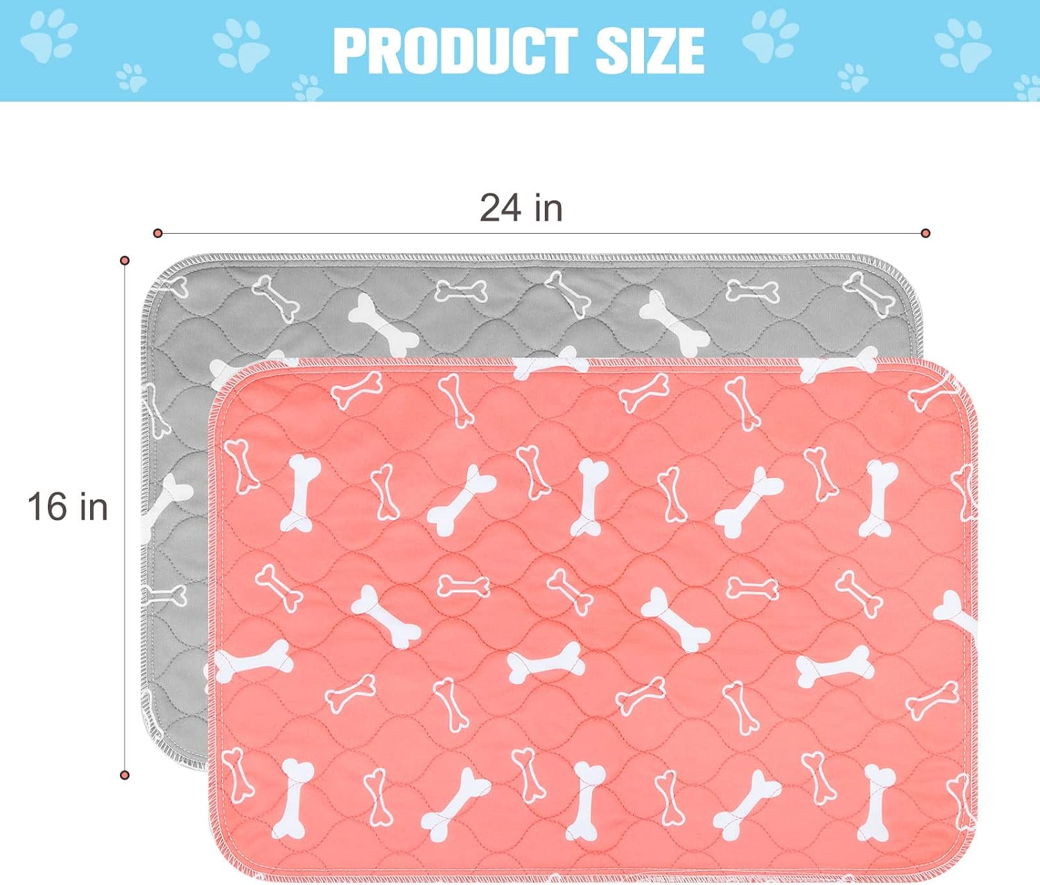 Washable Pee Pads for Dogs 2 Pack for Small Dogs Puppy Training Pads Waterproof Reusable Whelping Pads 24” x 16” Bone Style Grey & Orange