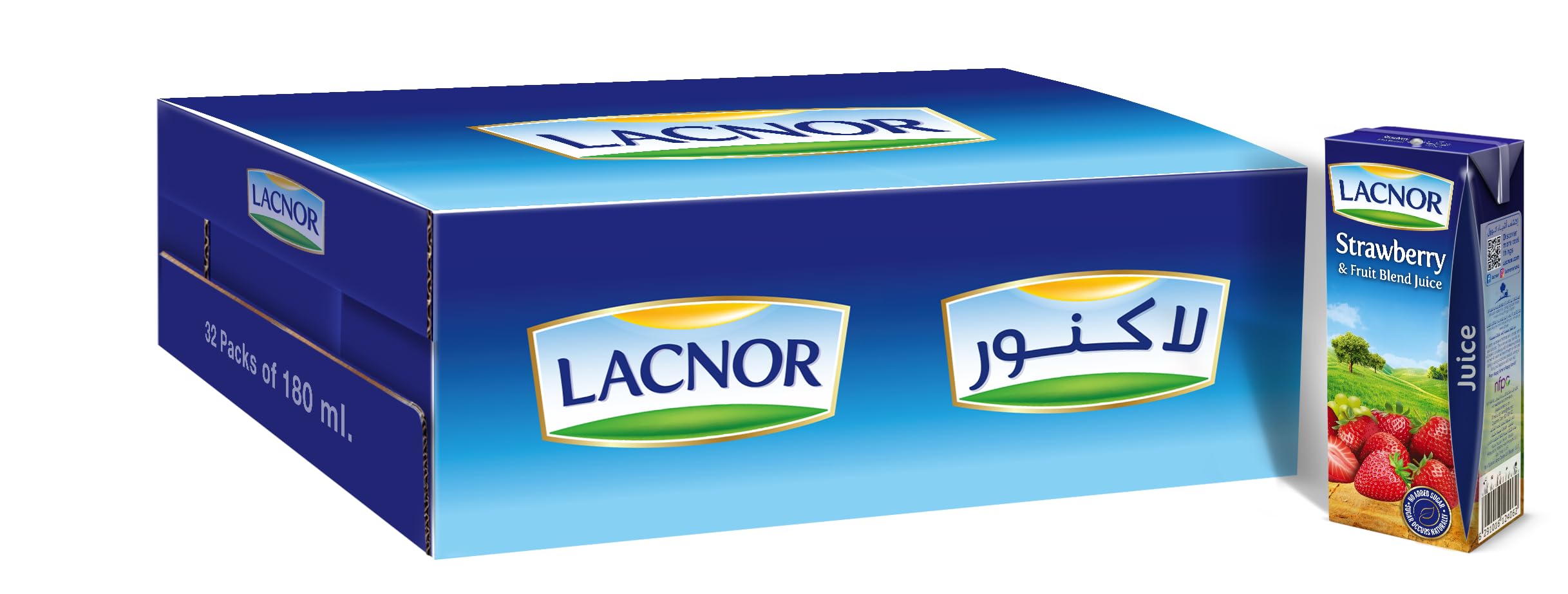Lacnor 100% Strawberry & Fruit Blend Juice – No Sugar Added, Long Life, 180ml x 32 Pack, Lunchbox-Friendly, Made from Real Fruits