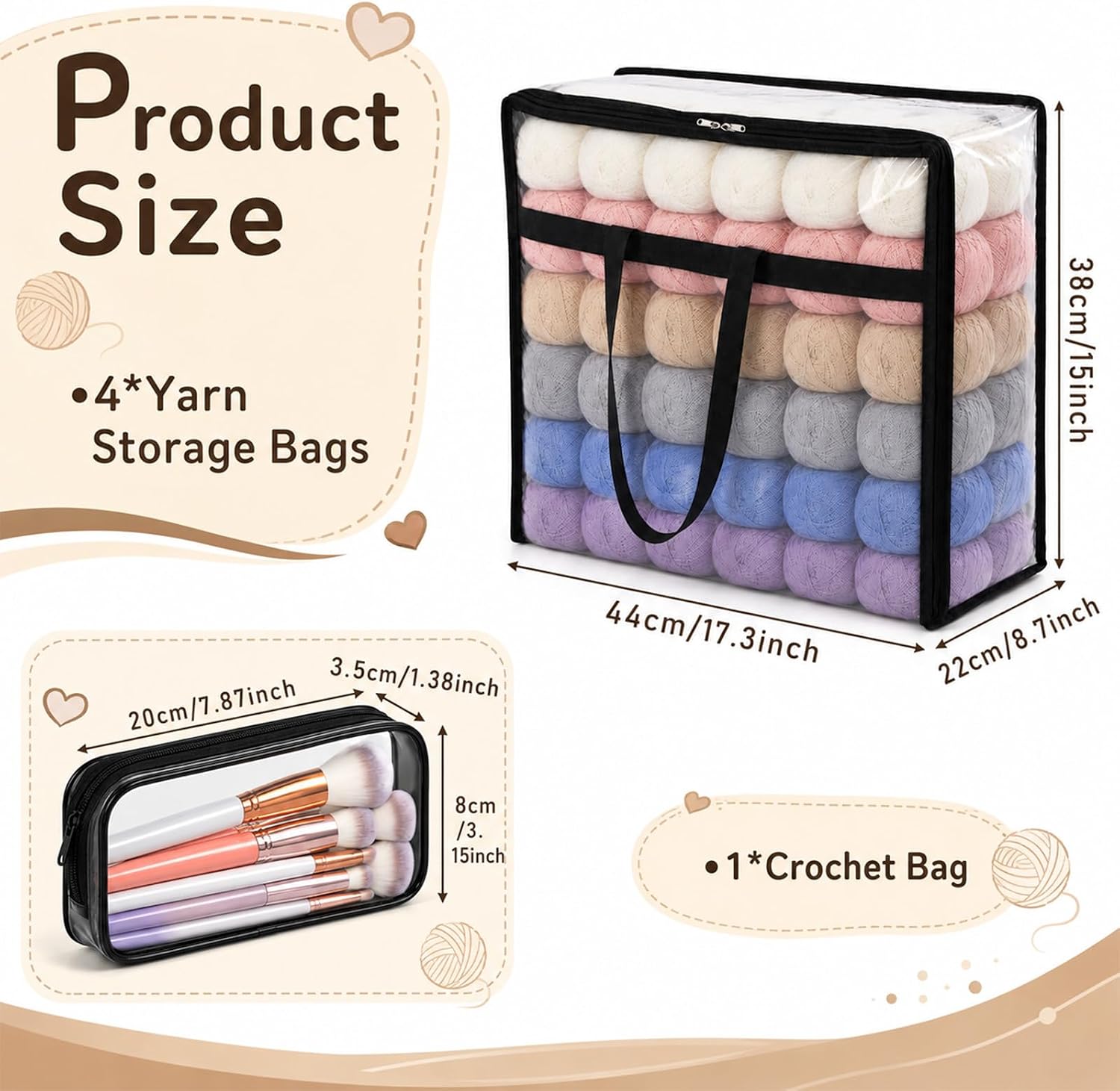 Yuanan 5 Pack Clear Yarn Storage Bags - 4 Large Crochet Organizer Bags
