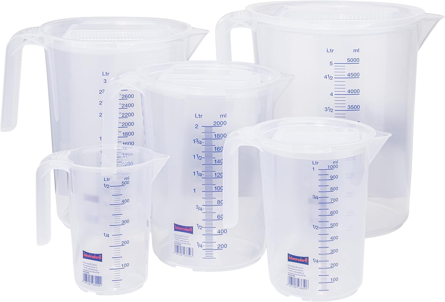 Hünersdorff 3L Measuring Jug with Lid, Shatterproof and Food Grade Polypropylene (PP), Open Handle, 2 Scales, Clear