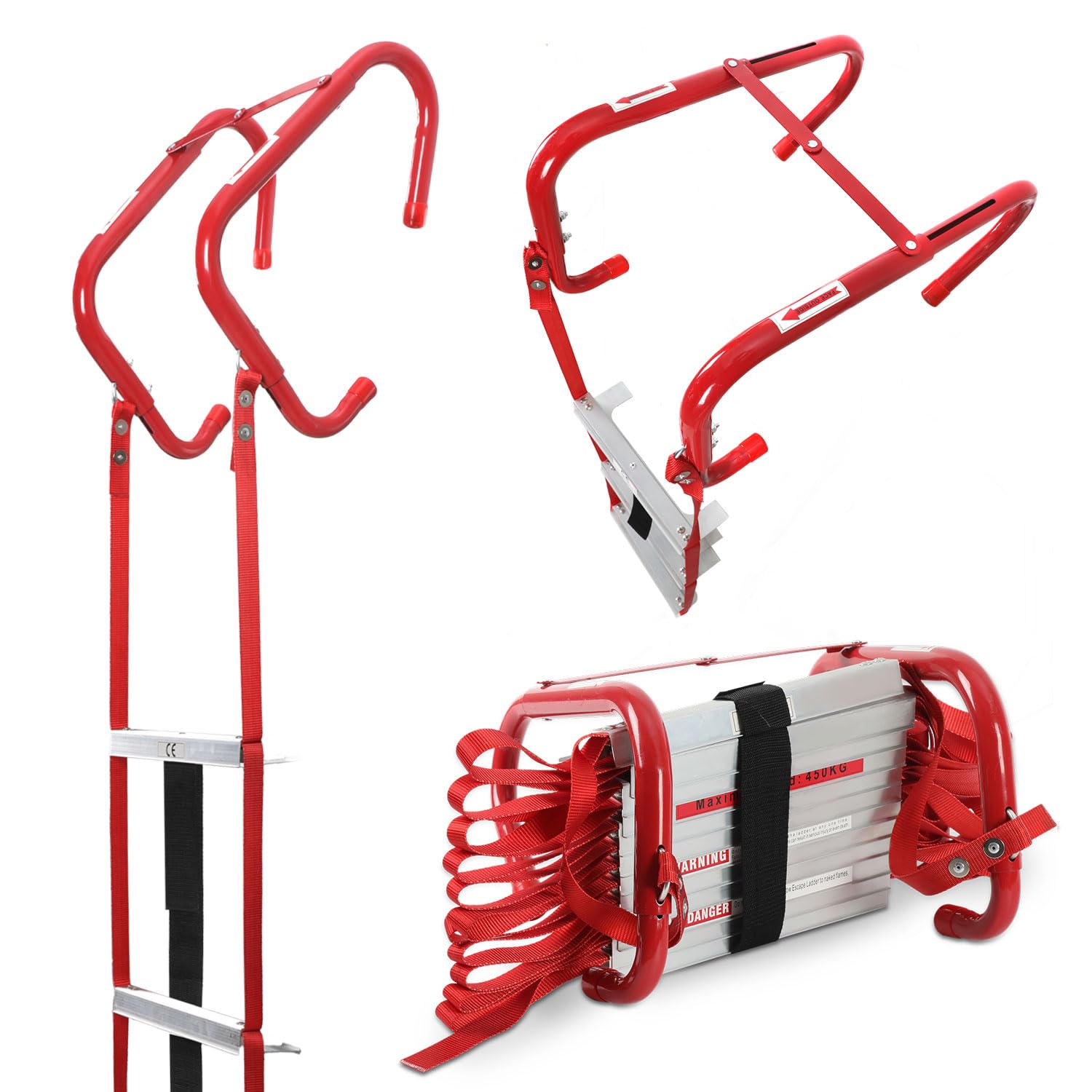 Eulenke Échelle de feu pliable de 4,5 m avec déploiement rapide en 3 secondes et crochets réglables - Charge maximale : 450 kg - Certifié EN1147 - Pour la maison, l'école, le bureau - Échelons