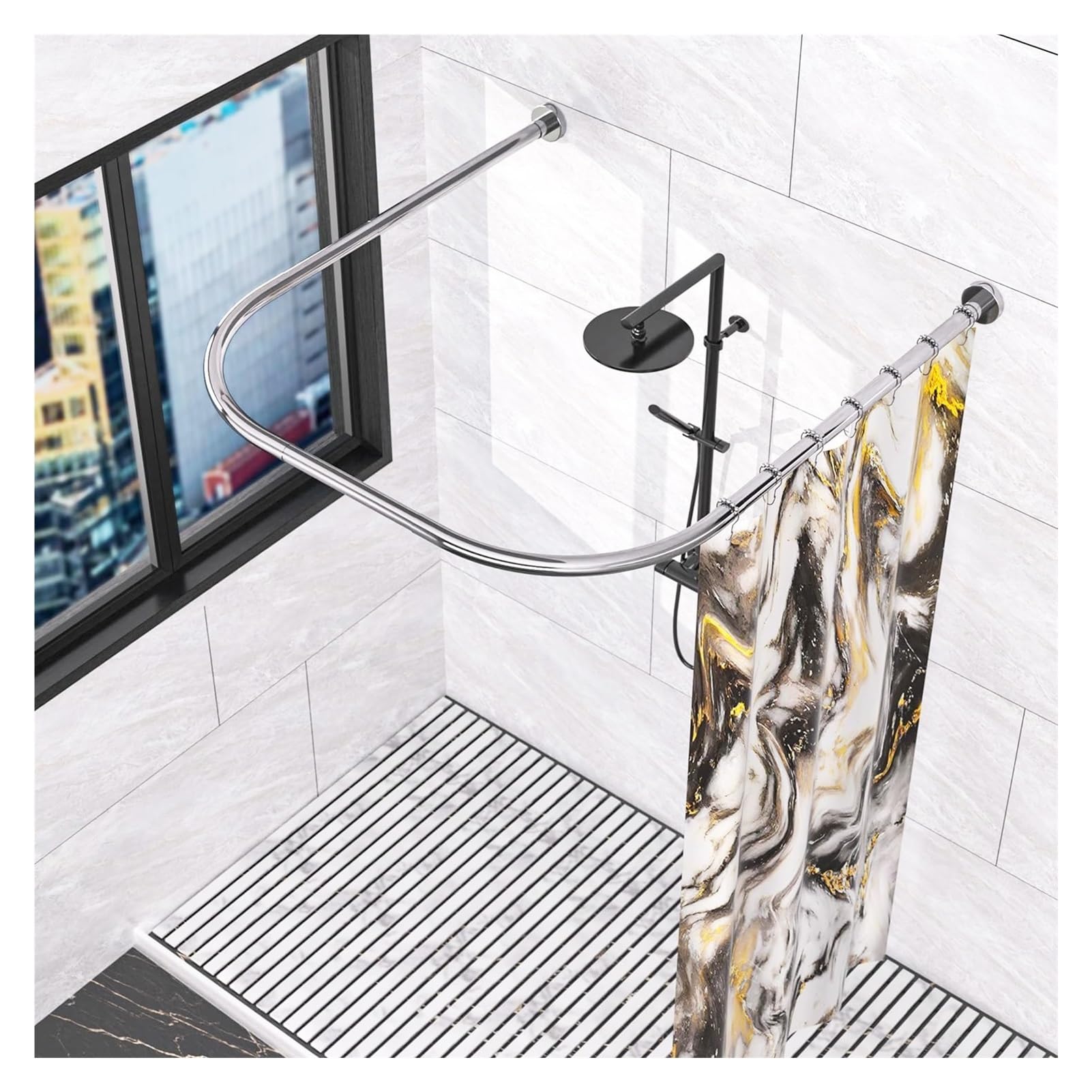 Meiiron 304 Stainless U Shaped Bathroom Bathtub Corner Shower Curtain Rail Rack Semi-Open Rings Shower Bar No Drilling Curved Tension Rod (Size : 90x90x90cm)