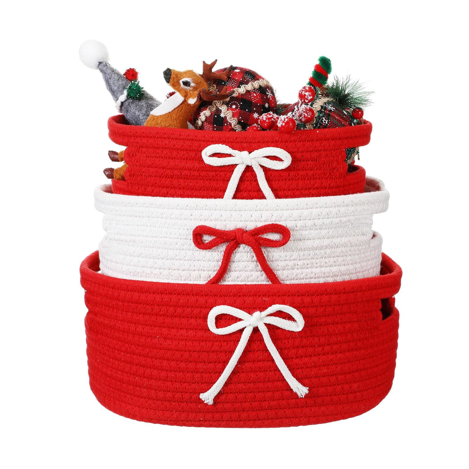 yanzunlrn Of 3 Cotton Bowknot Trimmed Storage Container with Handle Stackable Organizers Box for Household Items Interlaced Storage Basket