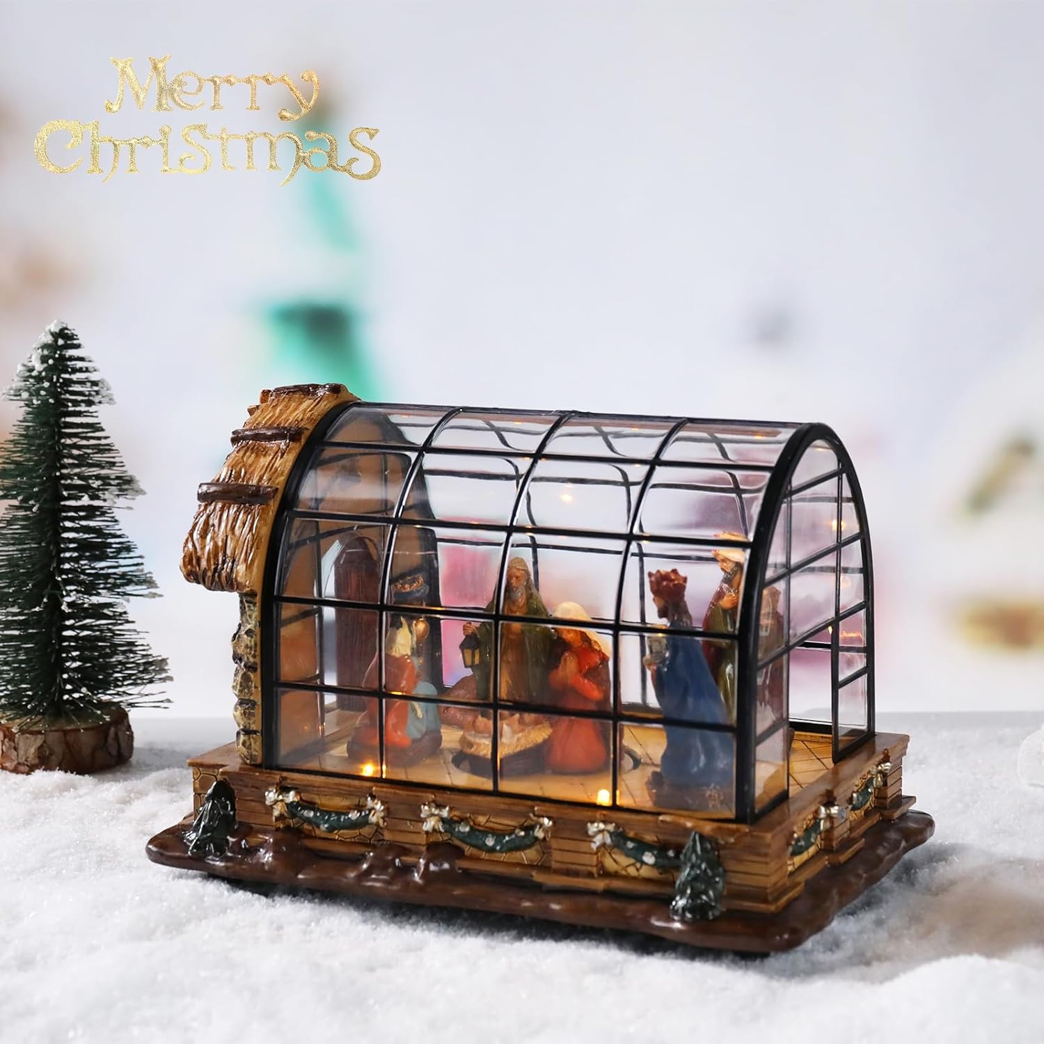 MUMTOP Lighted Christmas Village Nativity, Holy Family Nativity Figurine Set with Warm Lights, Muscial Battery Operate Christian Greenhouse Xmas Tabletop Decor