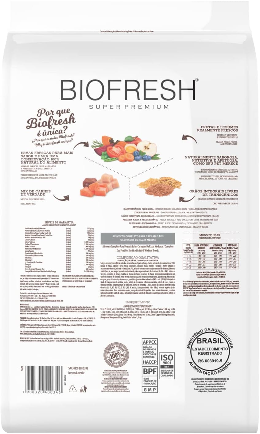 Ração Seca Biofresh Mix de Carne, Frutas, Legumes e Ervas Frescas Cães Castrados de Raças Médias 10,1kg Ração Seca Biofresh Mix de Carne, Frutas, Legumes e Ervas Frescas Cães Castrados de Raças Médias 10,1kg