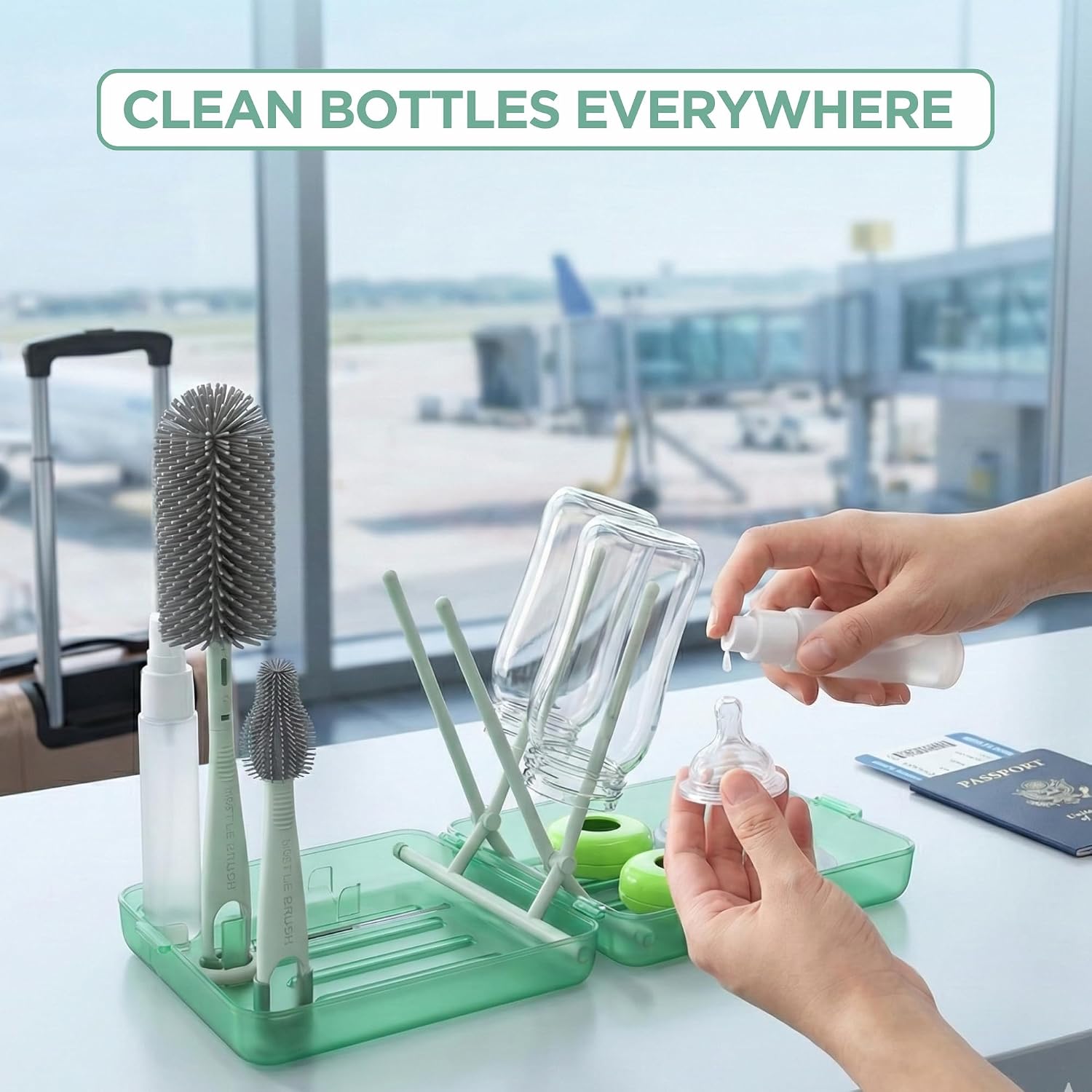 Bottle Cleaning Kit – BPA Free Brush Set, 6 in 1 Travel Bottle Cleaner Kit with Silicone Brushes for Bottle, Breast Pump, Straw, Nipple - Portable Bottle Washing Kit