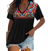 Melliflo Womens Short Sleeve Mexican Shirts Pleated Front Floral Embroidered Tee Shirt Loose Peasant Tunic Tops