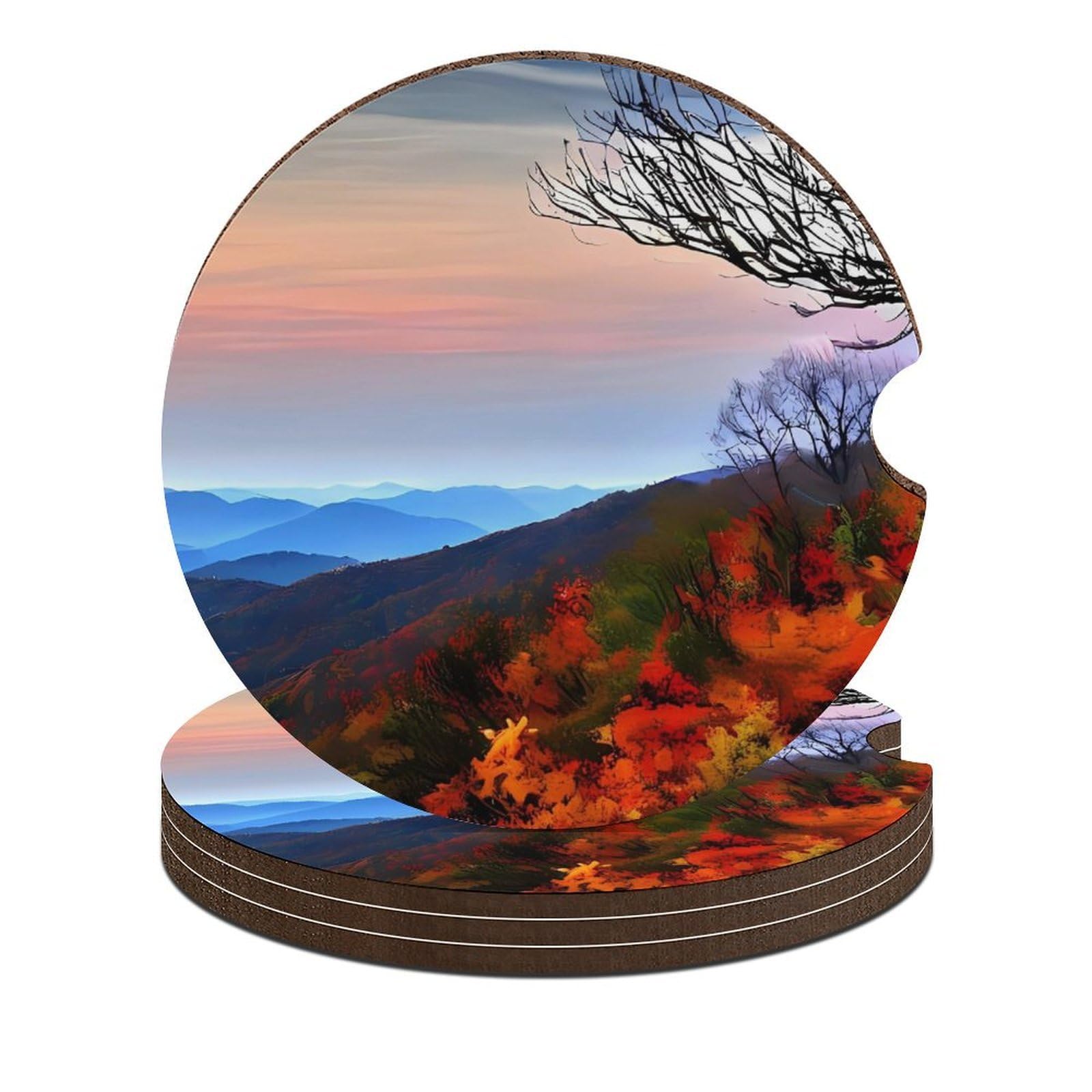 Sous-verre absorbant voiture bleu motif montagne avec base en liège
