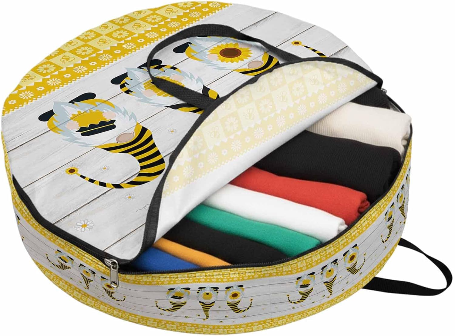 Bee Gnome Round Storage Bag 36 Inch, Daisy Flower Rustic Wood Clothes Storage Container with Handles Heavy Duty Organizer for Comforter, Bedding & Holiday Wreaths