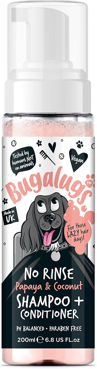 Bugalugs No Rinse Papaya & Coconut Dog Shampoo – Luxury 2 in 1 dog Dry shampoo & conditioner – odour eliminator natural shampoo with dog perfume quick shower for pets