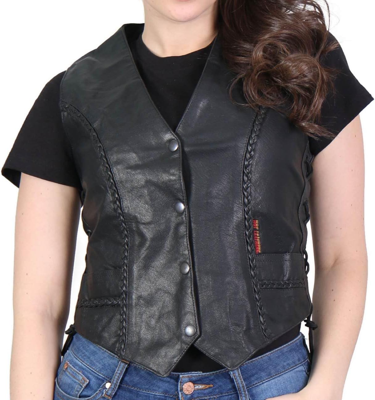 Hot Leathers VSL1006 Ladies Black Leather Braided Vest-Black-MD