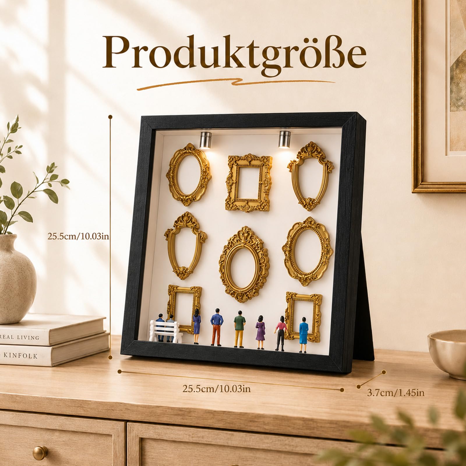 DIY Mini Museum Silhouette Box Set mit LED Licht – 8 Goldene Rahmen & 8 Figuren, Museum of Us, Mini Bilderrahmen Vintage, Miniatur Bilderrahmen für Geschenk,Idee für Jahrestag Geschenke Freunde