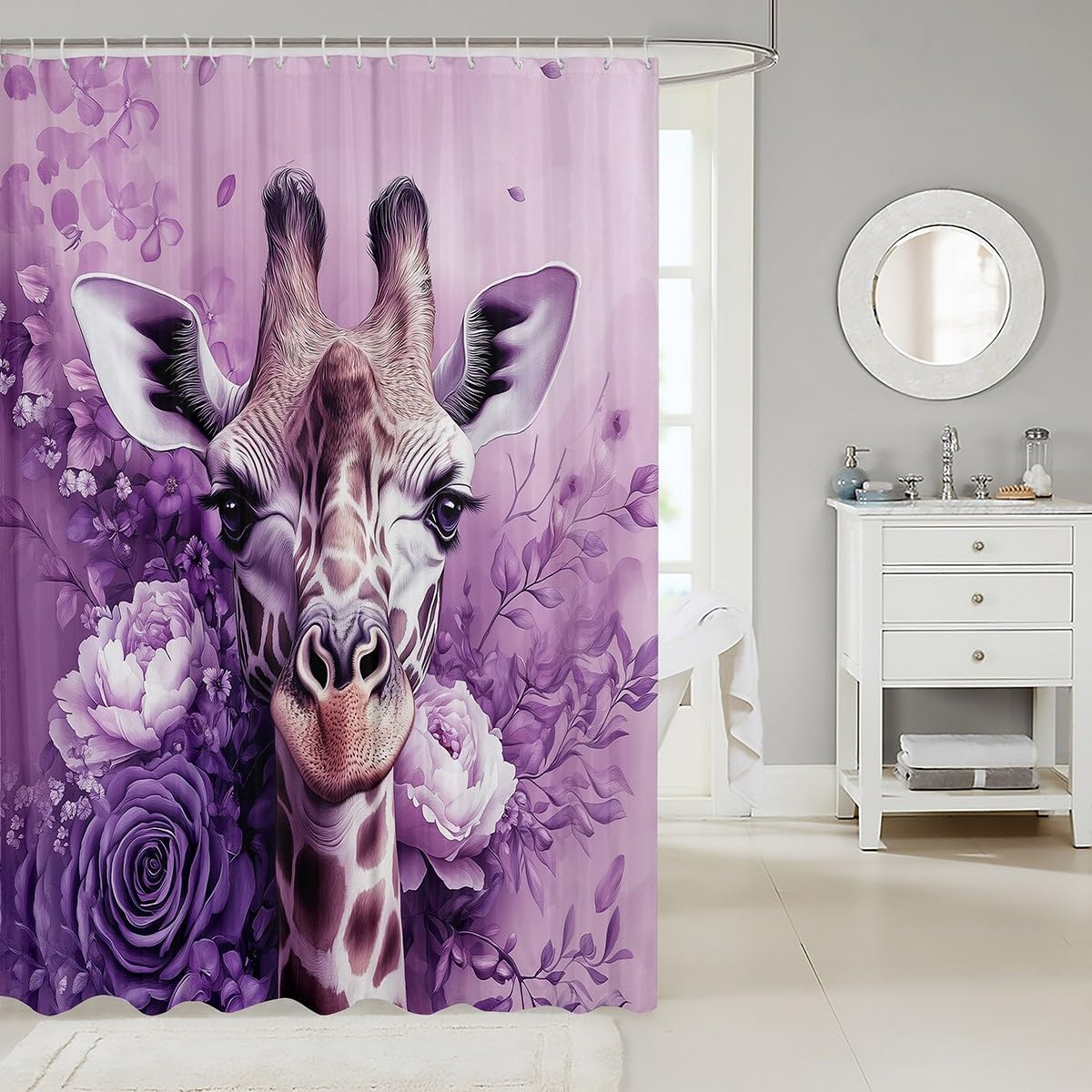 Wildlife Giraffe Shower Curtain,Dreamy Purple Flowers Bath Curtain for Kids Boys,African Safari Animals Waterproof Bathroom Curtain with 12 Hooks,Botanical Shower Curtains for Bathtubs 72" W x 84" L