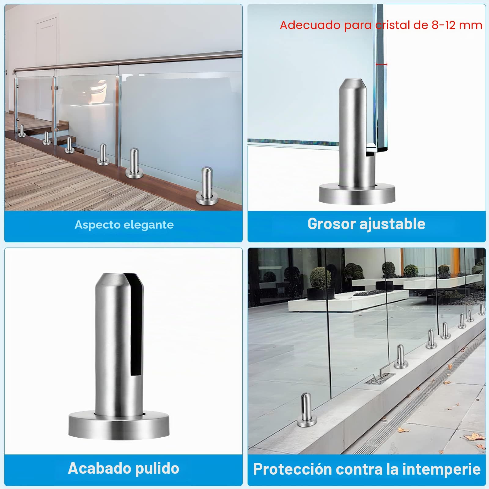 Abrazadera de cristal, 304 para piscina abrazadera de cristal inoxidable abrazadera para valla cristal de 8 a 12 mm suelo de valla de cristal para casa escaleras baño balcón 3,9 x 3,9 x 6,7 pulgadas