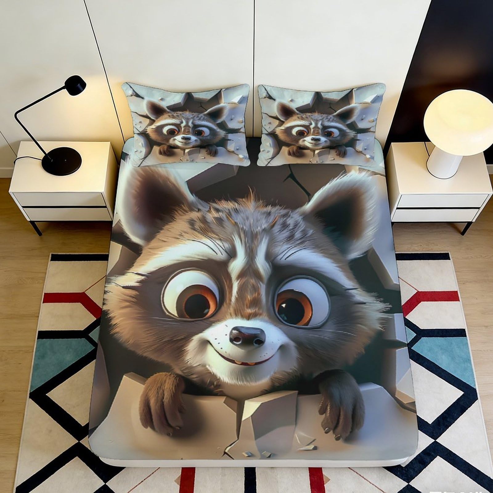 Uynsixtme Style-2 3D Printed Cartoon Raccoon Fitted Sheet Microfiber Deep Pocket Bedroom Bedding Cartoon Animal Mattress Fitted Cover Elastic Hem Washable For All Ages 140X200x25cm