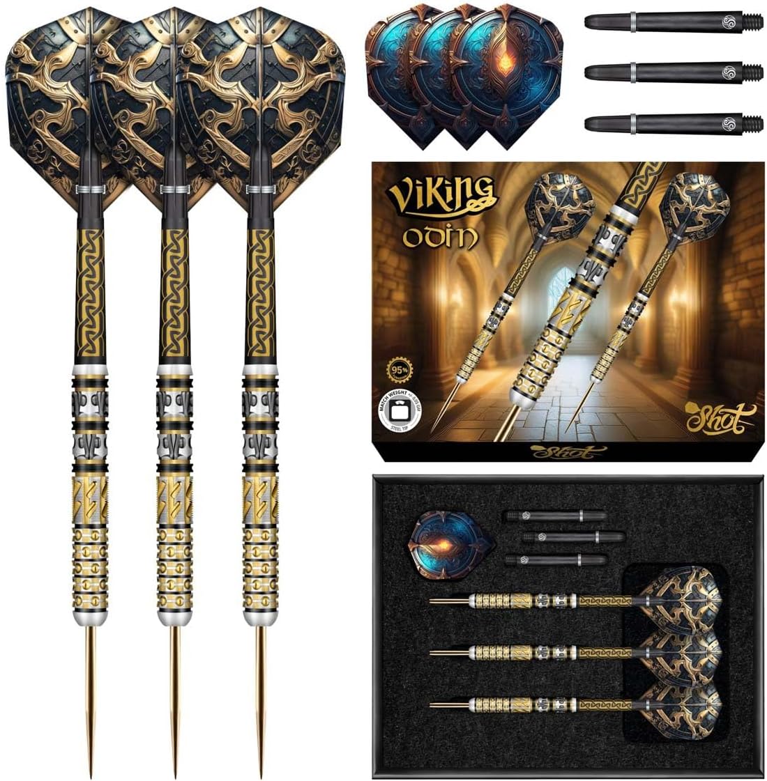 Shot! Viking Odin Steel Tip Dart Set-95% Tungsten Barrels Professional Darts for Bristle Dartboard