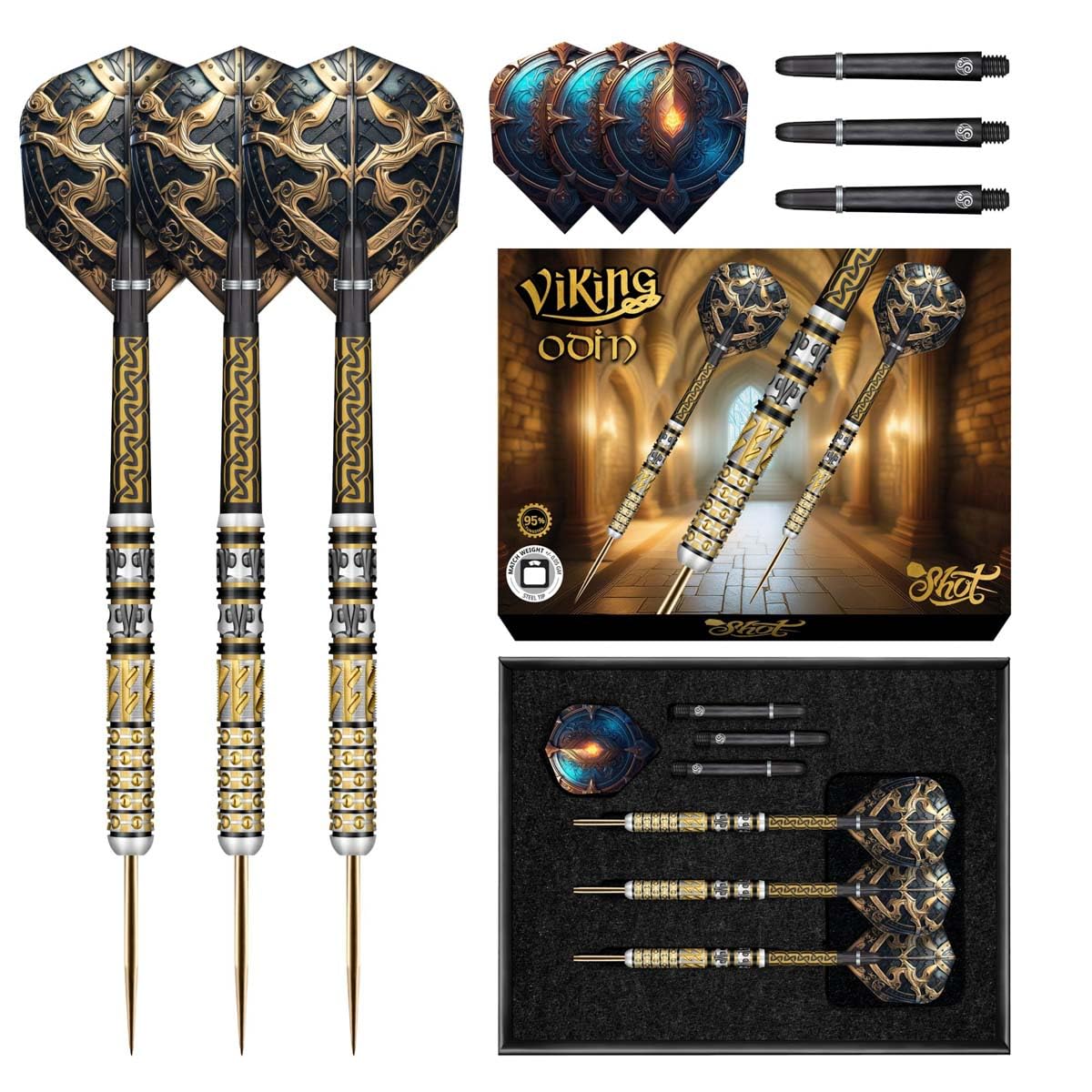 Shot! Viking Odin Steel Tip Dart Set-95% Tungsten Barrels Professional Darts for Bristle Dartboard (23, Grams)