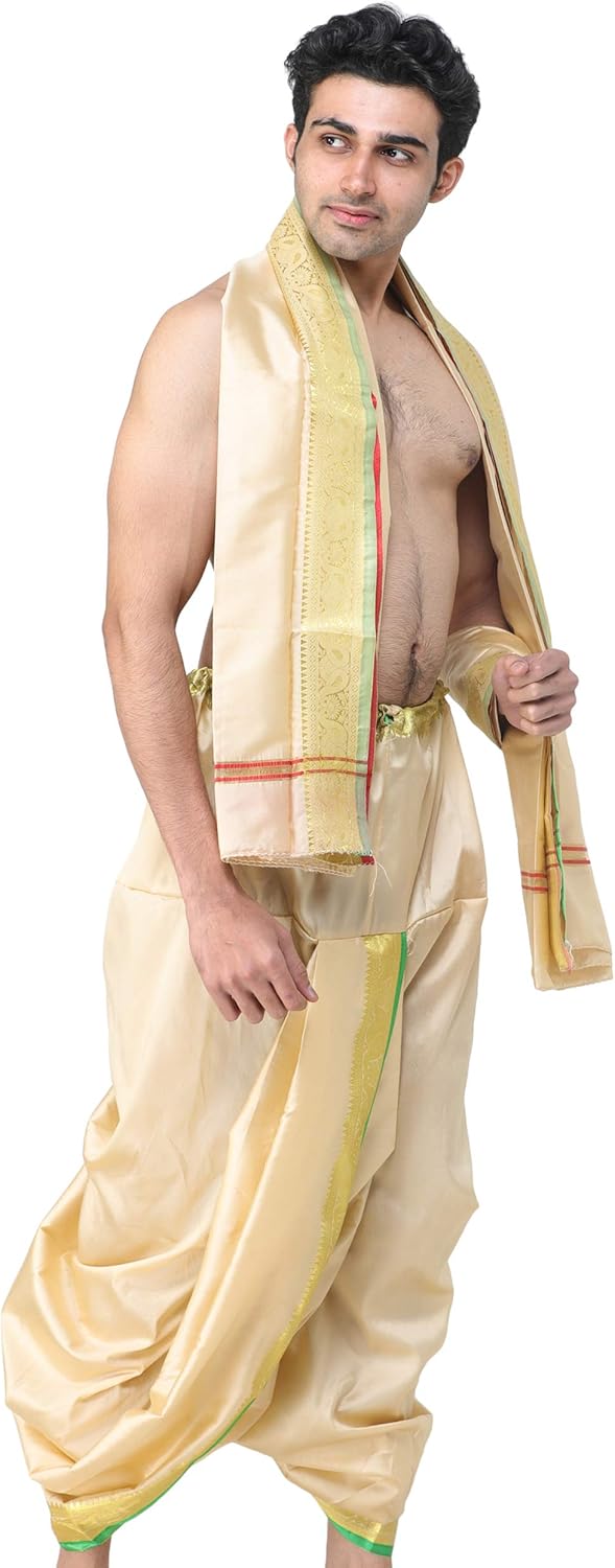 Exotic India Ready to Wear Dhoti and Angavastram Set with Woven Golden Leaves Border - Image 2