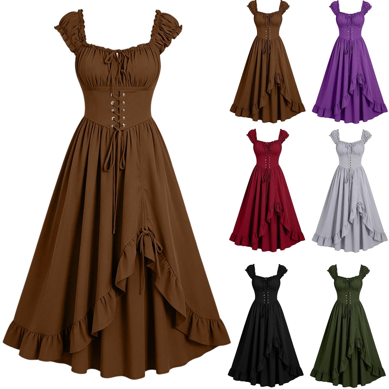 Medieval Costume Women UK Dresses Ladies Corset Lace Up Dress Renaissance Costume Maxi Dress Off Shoulder Victorian Vintage Clothes Gothic Long A Line Outfit Flowy Halloween Party Wear Brown S