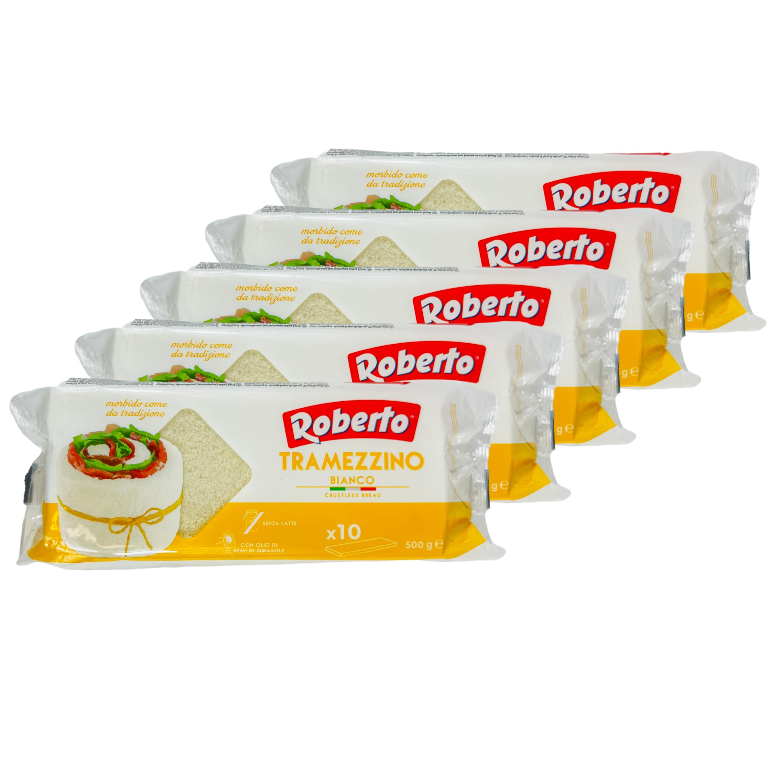 Roberto - 5er Pack Original italienisches Tramezzino Tramezzini Weißbrot - Weissbrot Tramezzone Tramezzinibrot (Toast ohne Rand, Rinde) in 500 g Packung