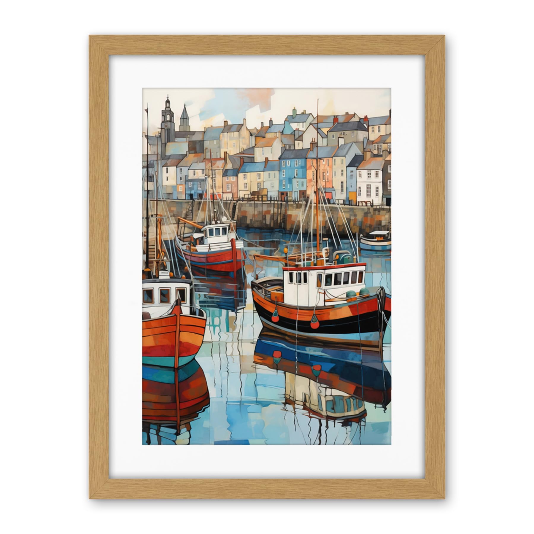 Artery8 Newlyn Harbour Trawler Boats Promenade Watercolour Painting Cornwall Coastal Townscape Artwork Framed Wall Art Print 18X24 Inch
