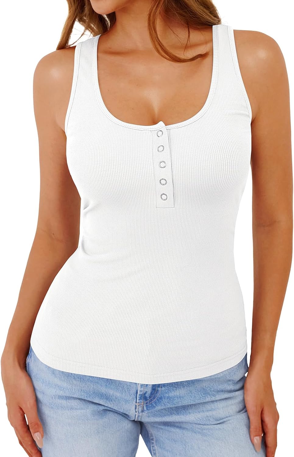 GKBK Womens Low Cut Ribbed Tank Tops Scoop Neck Sexy Casual Fitted Sleeveless Henley Racerback Summer Cami Shirts