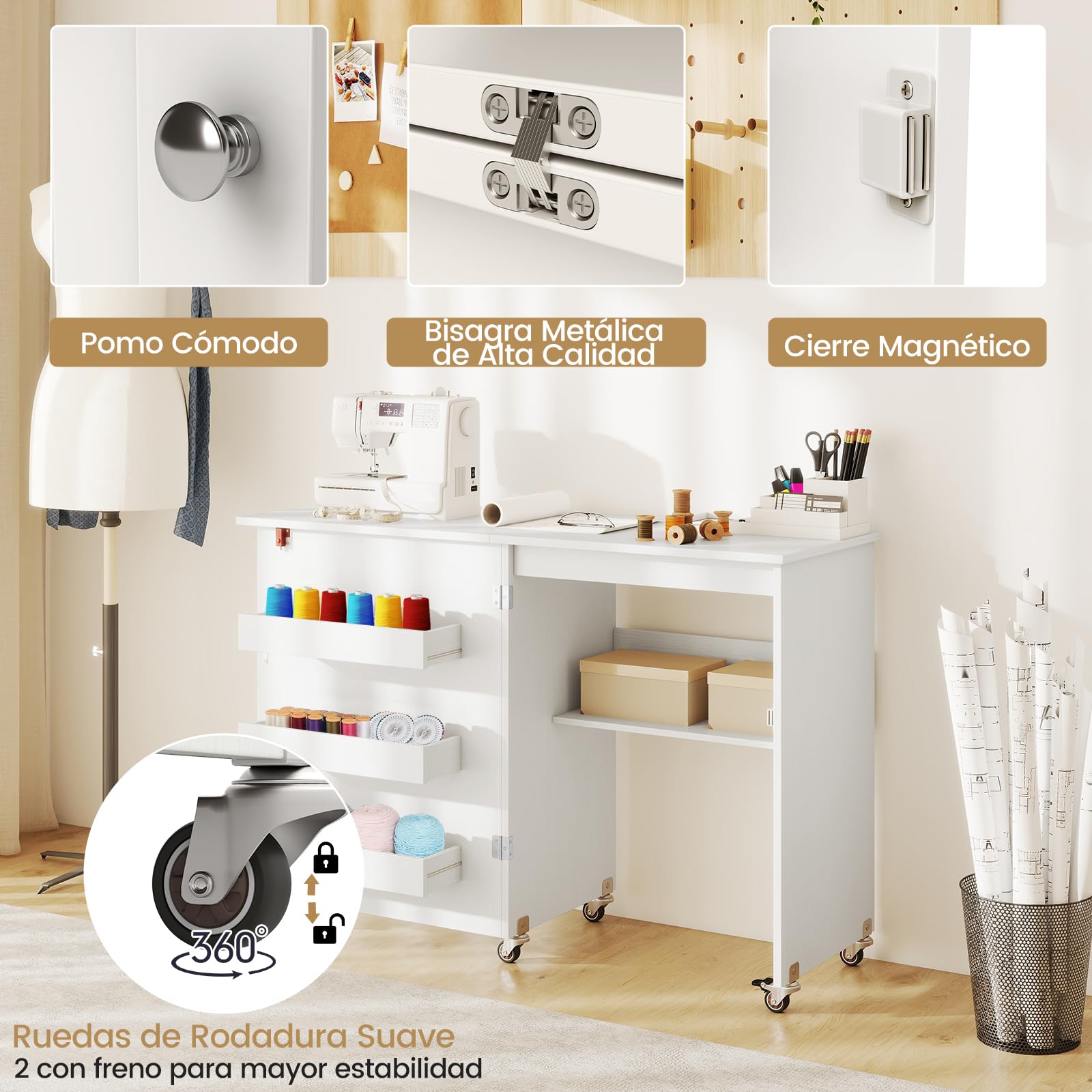 GIANTEX Armario de Costura Plegable 2 en 1 con 5 Ruedas, Mesa de Coser con 3 Compartimentos y 1 Estante Abierto, Aspecto de Vetas de Madera, para Dormitorio, Salón y Estudio (Blanco, 118,5x40x79,5cm)