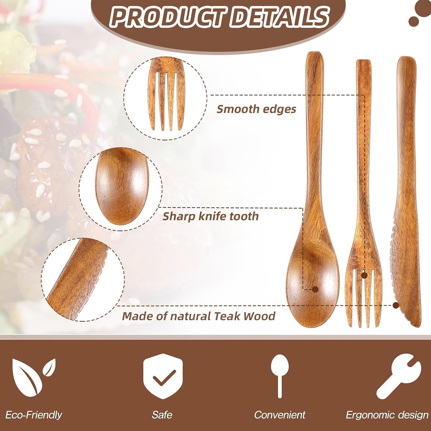 Geiserailie 12 Pcs 12 Pcs Wooden Utensils Spoon Fork Knife Set, Teak Wood