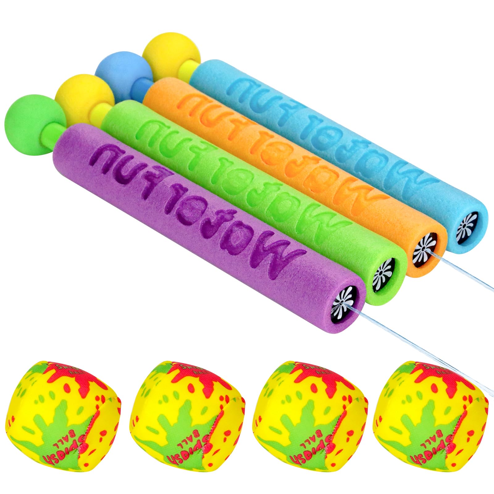 4 PCS Water Guns with 4 PCS Reusable Water Balloons Water Balloons for Kids Water Toys Set Foam Water Squirter and Cotton Water Bombs for Swimming Pool Garden Beach Party Water Fight
