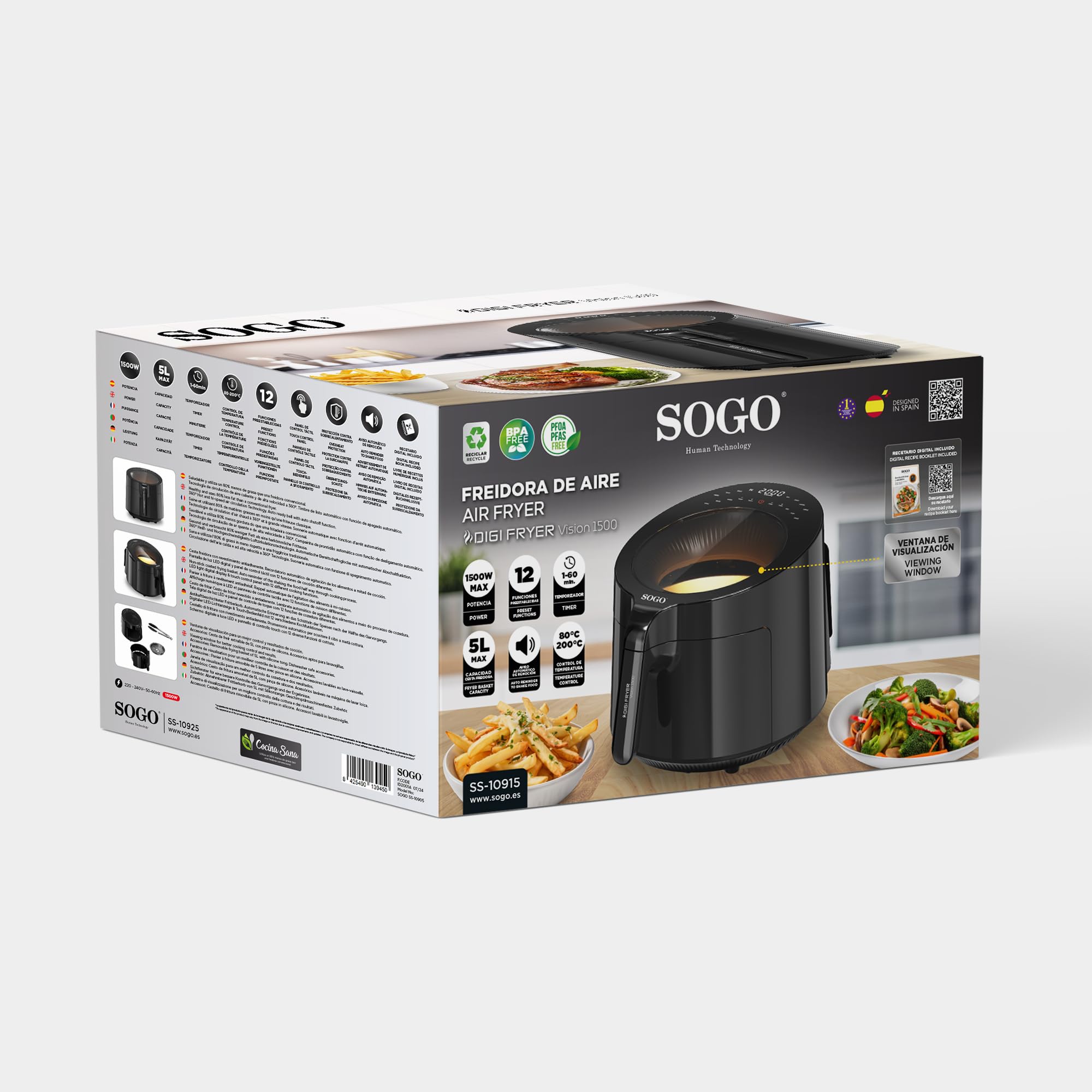 SOGO Freidora de Aire 5L sin Aceite - Cocina Saludable con 80% Menos Grasa - 12 Modos de Cocción para Recetas Versátiles - Air Fryer con Pantalla Táctil LED y Accesorios Aptos para Lavavajillas