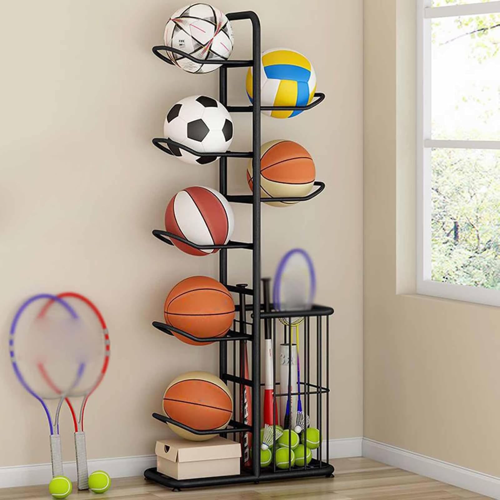Support vertical de rangement pour ballons de basket et football