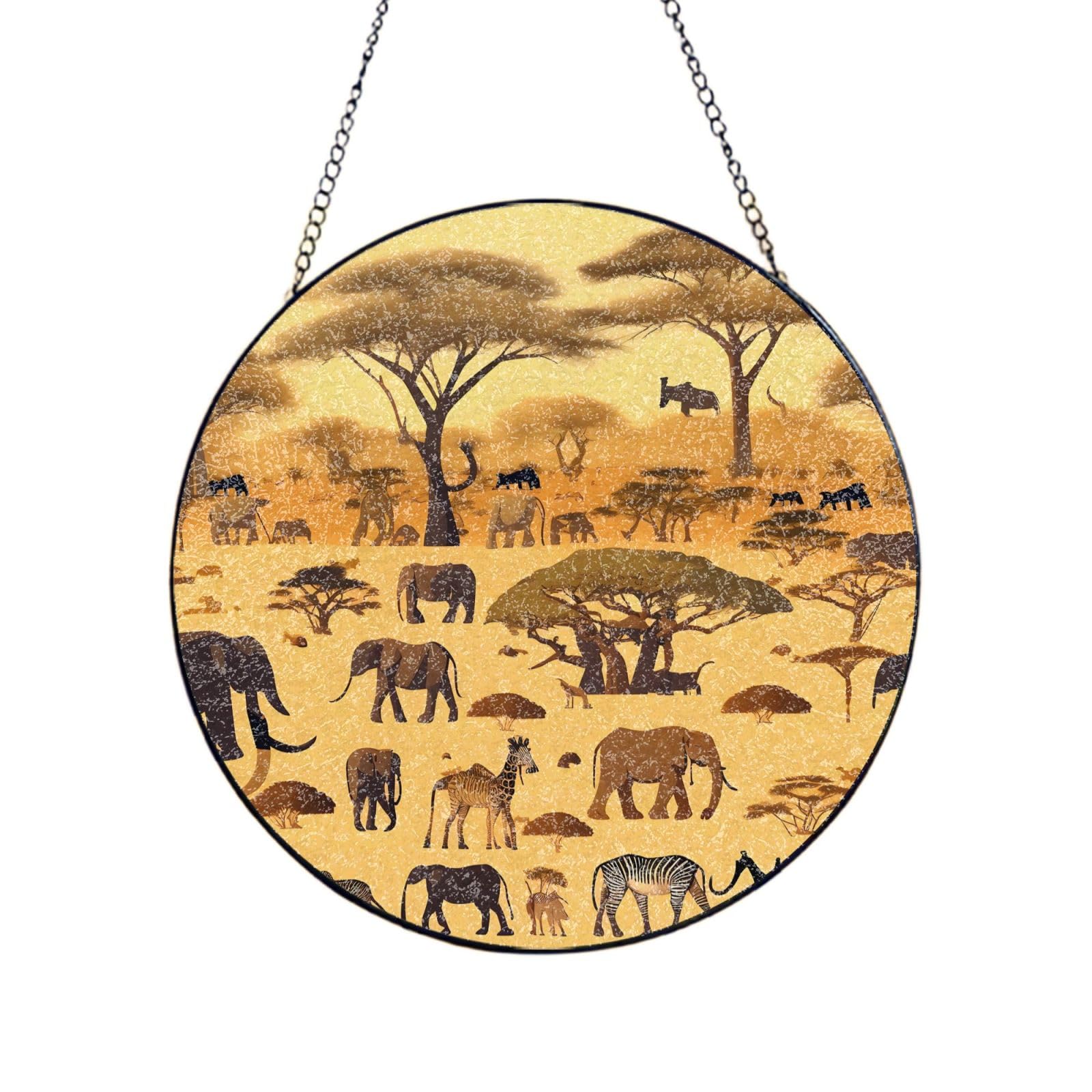 Phayah African Grassland Animals Print Glass Window Hanging Sun Catchers Suncatcher Decor For Birthday For Home Garden Porch 12in（30cm）