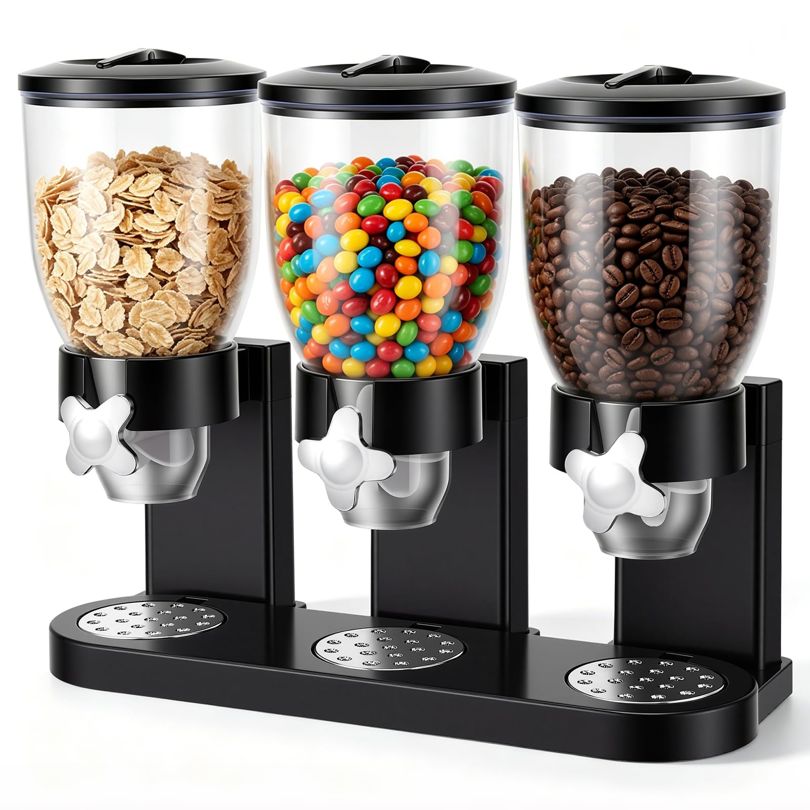Cereal Dispenser Countertop 2L, Dreifacher Müslispender mit Drehverschluss 3er Set, Luftdichte Vorratsdosen für Küche, Transparente Aufbewahrungsbehälter für Müsli Reis Kaffee Snacks, Schwarz
