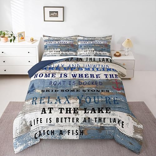 Miniatura 36 de Lake Life - Juego de edredón de tamaño King, juego de ropa de cama con remo de lago rústico, decoración de casa de lago, regalos para niños, vallas